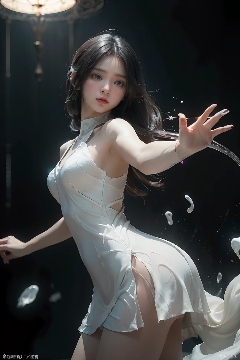 ((masterpiece, best quality)), ultra detailed 8k, photorealistic, sharp focus, highly detailed, professional lighting , shadowmancer, photo of a woman, ink particle, ((swirling black ink floating around)), futuristic fantasy, futuristic white dress, dynamic pose, realistic, masterpiece, intricate details, detailed background, depth of field,