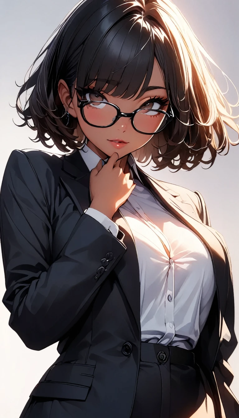 (highest quality:1.2, Very detailed, up to date, Vibrant, Ultra-high resolution, High Contrast, masterpiece:1.2, highest quality, Best aesthetics), Portraiture、girl、solo, ((25-years-old:1)), Bright colors、Beautiful fine details、Beautiful lip detail, short hair、black hair, ((Long bangs:1)), (messy hair:0.6), brown eyes, (thick black frame glasses:1.3), suit,  ((slim body:0.6)), (big breast:0.7), (dark skin:0.5), (white background:1.5), ((no background)), (cowboy shot:1.8),facing viewer