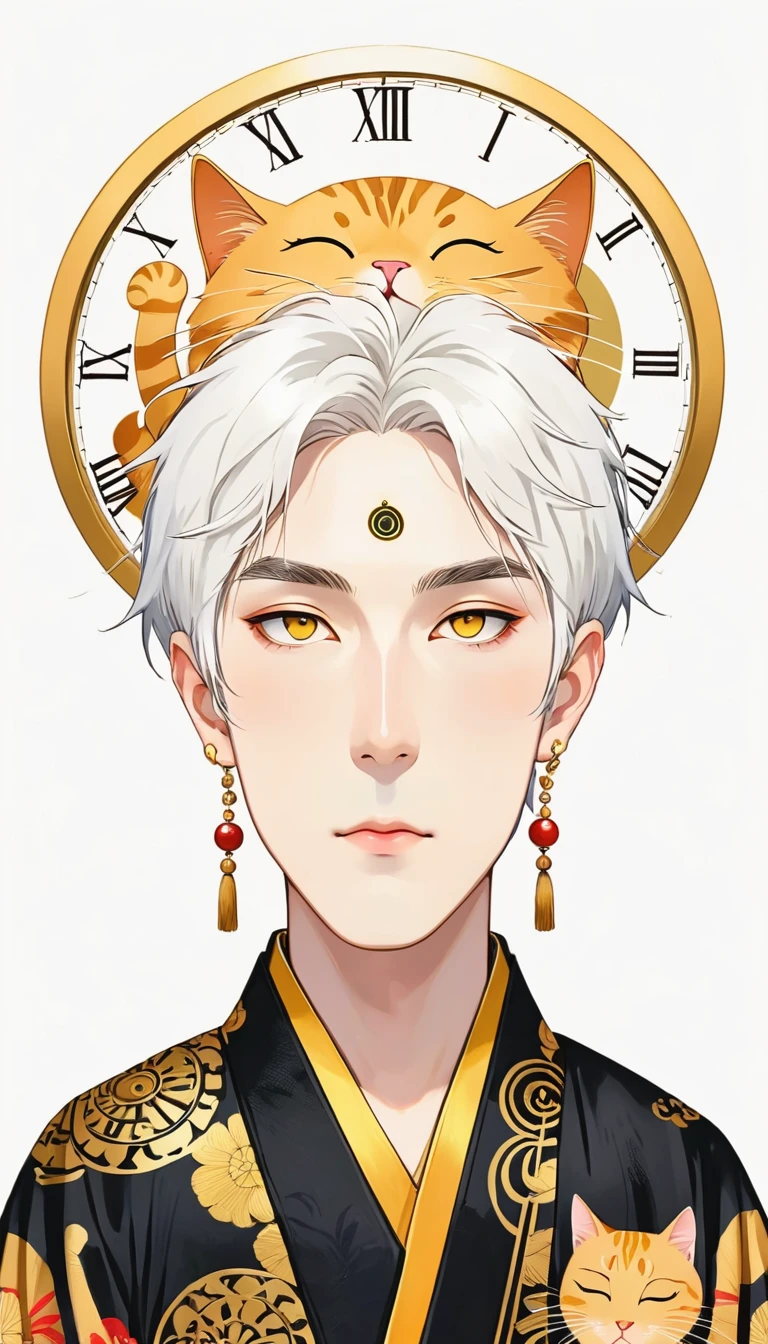 White background, Fujichoco Style, Black and gold kimono,symmetry， (((The most beautiful boy))),  White hair, Shining Student,The third eye on the forehead， ((big clock, Cat)), Bright colors, White background, Simple background, whole body, Simple Line Acronym,