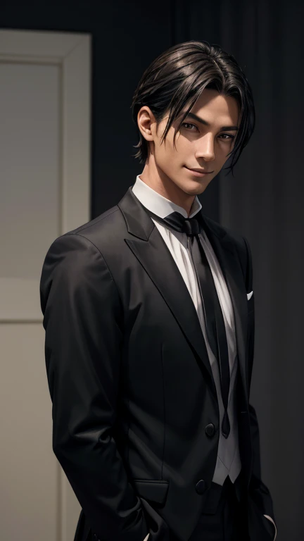 a Man standing with 30 years in black suit and black tie, slender face, black hear, center-parted hairstyle, medium-length hair, Japanese, dark background, mysterious smile, master of psychology, body and head straight in the photo, facing the viewer of the photo, eyes fixed to the lens, appears shoulders and head in the photo, man centered in the photo, 8k, best quality, masterpiece, realistic, realistic photo, movie photo, ultra realistic, 1 person, detailed, perfect lighting, DSRL, professional photo, 4k