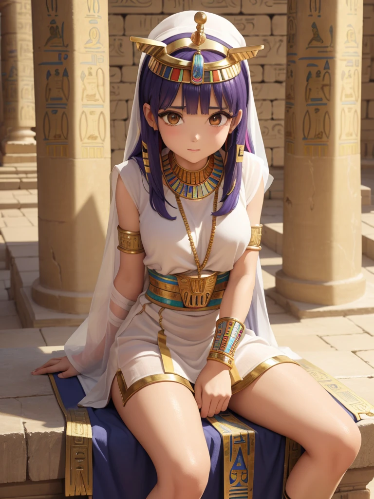 Cute ancient Egyptian princess、Colorful temples of ancient Egypt、The colorful streets of ancient Egypt、Artistic、detailed、Simple clothing made of colored linen、Sitting posture、front、Spread your legs