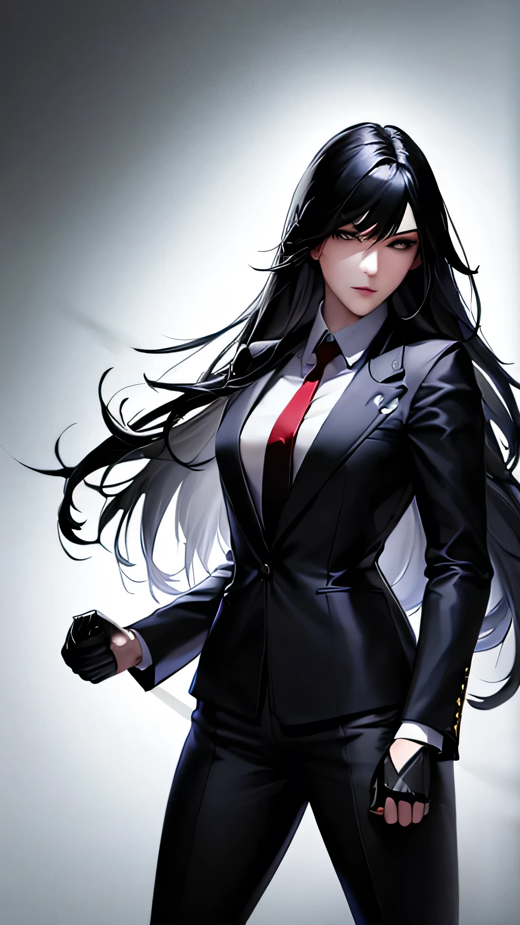 1 girl, 23 years old, long black hair, handsome face, business suit, red tie,long black pants, black leather gloves, boxing stance, punching,high quality, masterpiece