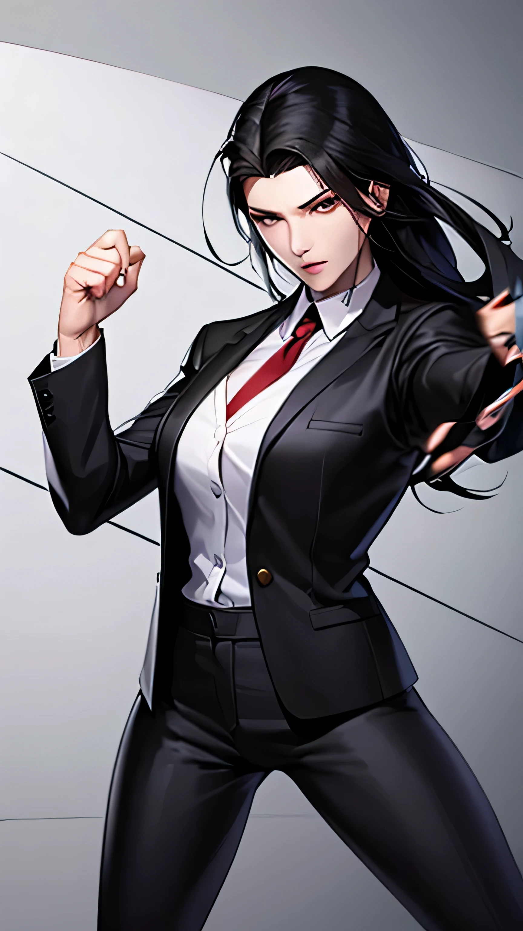 1 girl, 23 years old, long black hair, handsome face, business suit, red tie,long black pants, black leather gloves, boxing stance, punching,high quality, masterpiece