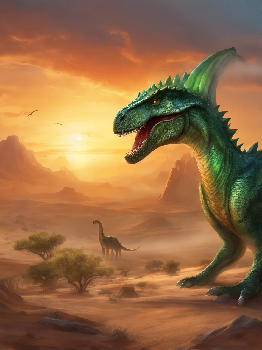 Imagine a ferocious green tyrant rex dinosaur in a desert environment, with gaping jaws and sharp fangs, a relentless sun shimmering in the sky, heat reflecting off the dinosaur's scaly skin, Realistic photography, 24mm wide angle lens, --ar 16 :9 --v 5