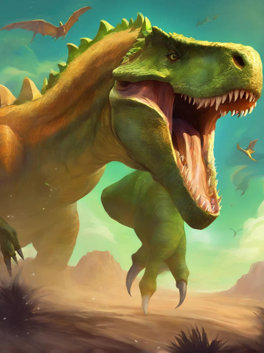 Imagine a ferocious green tyrant rex dinosaur in a desert environment, with gaping jaws and sharp fangs, a relentless sun shimmering in the sky, heat reflecting off the dinosaur's scaly skin, Realistic photography, 24mm wide angle lens, --ar 16 :9 --v 5