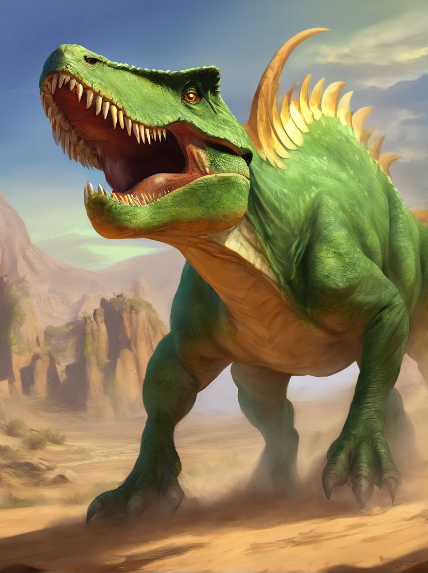 Imagine a ferocious green tyrant rex dinosaur in a desert environment, with gaping jaws and sharp fangs, a relentless sun shimmering in the sky, heat reflecting off the dinosaur's scaly skin, Realistic photography, 24mm wide angle lens, --ar 16 :9 --v 5