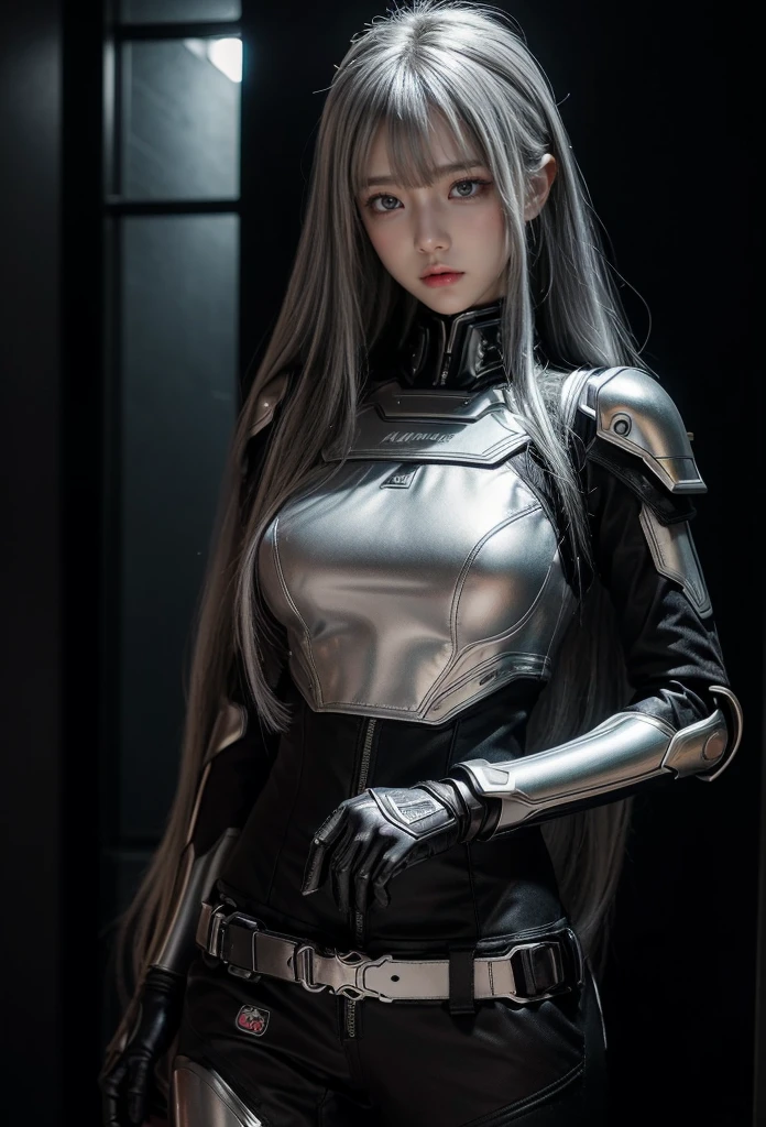 cyber angel,machine wing,{{Sci-Fi Armor}},cyber suit,cyberpunk,science fiction,cyber battle armor,Battledress,Military Uniforms,pants,black military uniform,whole body,Height: 168cm,almond shape eyes,{{{{{silver eyes}}}}},{{{{{dull bangs}}}}},(slanted eyes},{{whole body},{{{1 girl}}}, long hair, straight hair,{{{{silver hair}}}},{{{tsurime}}},30 years old,{Medium chest},{{bush}},silver eyes,{{{masterpiece}}}, {{{highest quality}}}, {{Super detailed}}, {shape}, {{very delicate and beautiful}},very detailed,detailed perfect,detailed hyper,Abundant thighs,big ass,black clothes