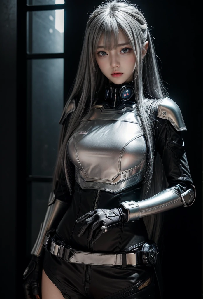 cyber angel,machine wing,{{Sci-Fi Armor}},cyber suit,cyberpunk,science fiction,cyber battle armor,Battledress,Military Uniforms,pants,black military uniform,whole body,Height: 168cm,almond shape eyes,{{{{{silver eyes}}}}},{{{{{dull bangs}}}}},(slanted eyes},{{whole body},{{{1 girl}}}, long hair, straight hair,{{{{silver hair}}}},{{{tsurime}}},30 years old,{Medium chest},{{bush}},silver eyes,{{{masterpiece}}}, {{{highest quality}}}, {{Super detailed}}, {shape}, {{very delicate and beautiful}},very detailed,detailed perfect,detailed hyper,Abundant thighs,big ass,black clothes