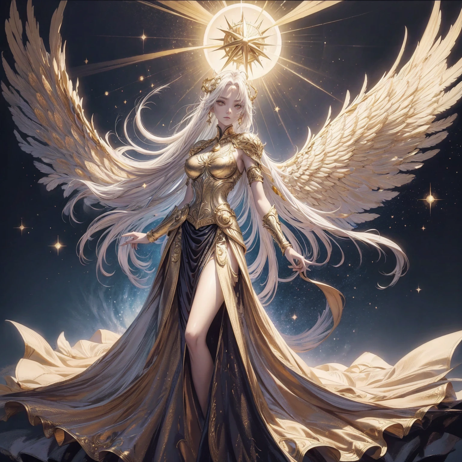 Art of Woman Wearing Sun Crown, Wearing a gorgeous golden breastplate that reveals a little skin above the chest, Wearing a gorgeous golden dress with cosmic stars inside, A pair of giant angel wings taller than the body spread out behind the woman., ancient goddess art, Sacredness. Very detailed, Mysterious inspiration, Inspiration from the Sun God, Religious inspiration, A divine background, Cold and snobbish face, Ethereal expression, Dangerous expressions, White hair, Standing pose floating in the air, One hand reaches out to the sky while the other hand holds a brilliant orb as bright as the sun., Full body portrait, Gothic art style, Weird art style, Occult art, Halo of angels, contempt eyes, Divine light, Wide-angle lens, Upward Shot