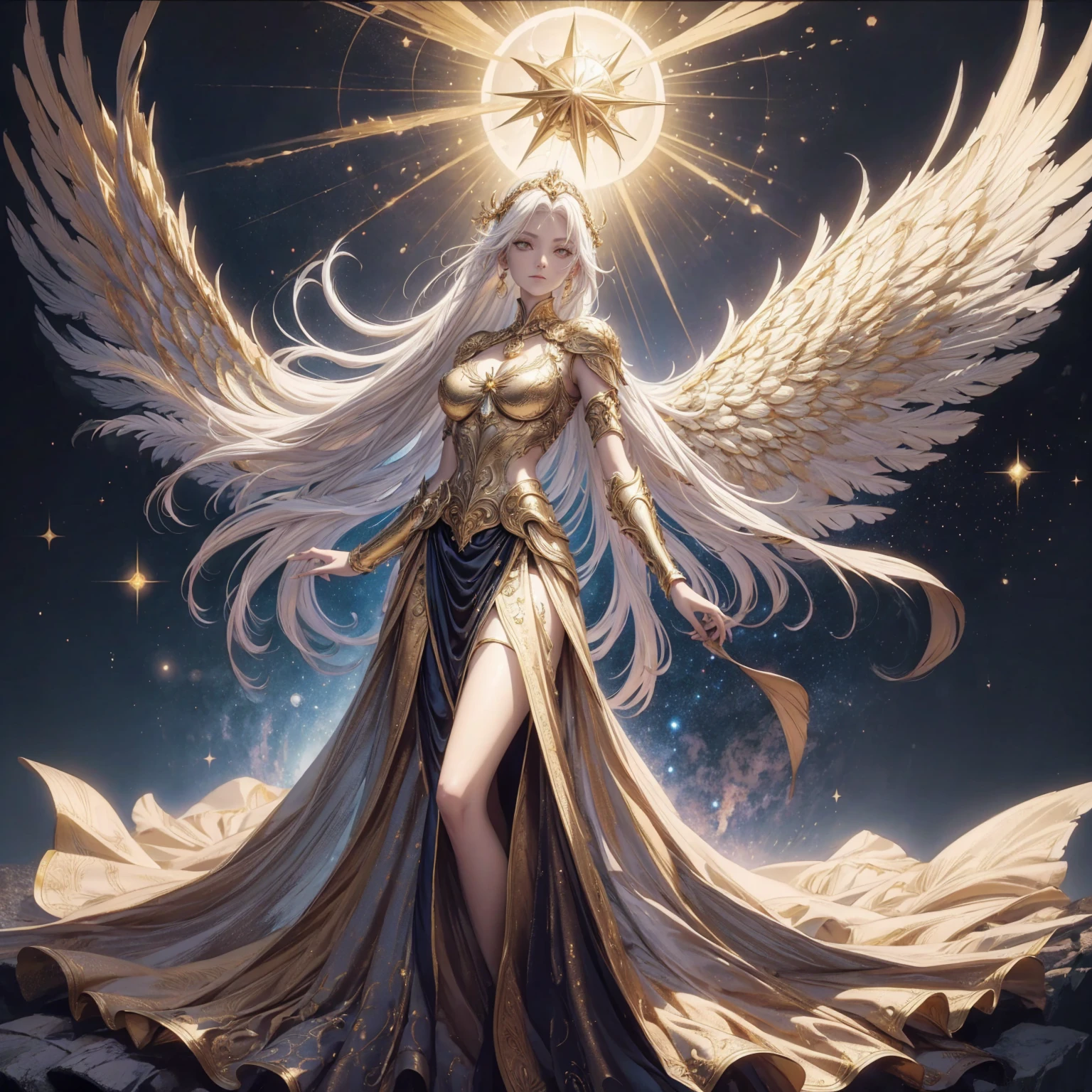 Art of Woman Wearing Sun Crown, Wearing a gorgeous golden breastplate that reveals a little skin above the chest, Wearing a gorgeous golden dress with cosmic stars inside, A pair of giant angel wings taller than the body spread out behind the woman., ancient goddess art, Sacredness. Very detailed, Mysterious inspiration, Inspiration from the Sun God, Religious inspiration, A divine background, Cold and snobbish face, Ethereal expression, Dangerous expressions, White hair, Standing pose floating in the air, One hand reaches out to the sky while the other hand holds a brilliant orb as bright as the sun., Full body portrait, Gothic art style, Weird art style, Occult art, Halo of angels, contempt eyes, Divine light, Wide-angle lens, Upward Shot