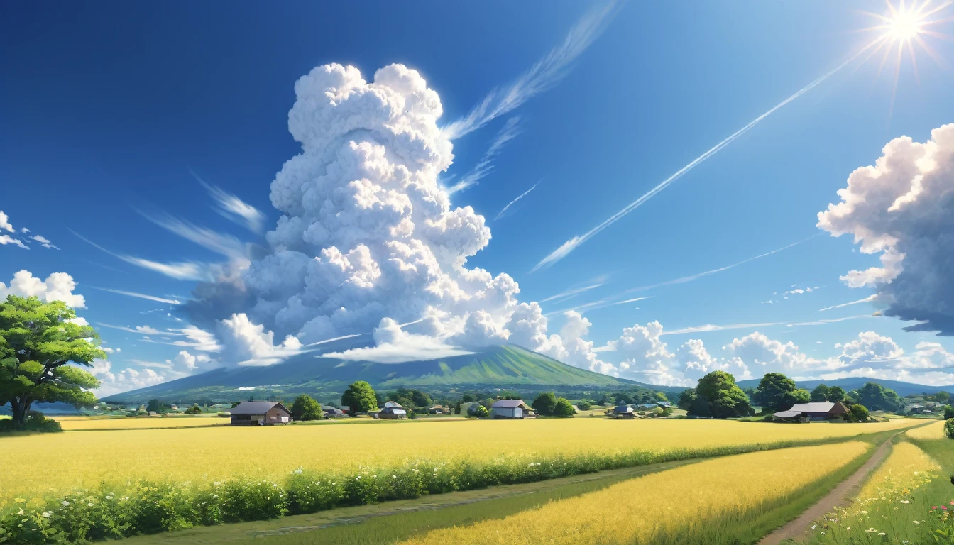 Japanese countryside,Midsummer,sunny,Daytime,cumulonimbus,Highest quality, 8k, High resolution, masterpiece:1.2, Very detailed, Realistic:1.37, High resolution, 超High resolution, Very detailed, Professional, Vibrant colors