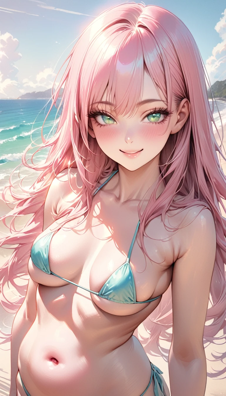 (((Best quality))),(Realistic shadows),(((Very thin lines))),Beautiful,Exquisite,16K,Full HD,Absurd,Beach,((Upper body,Soft expression)),((Smile,Happiness:1.5))Shine,Micro bikini,Curvy,Belly button,Dimples in the skin,Beach,Standing with a graceful smile,Pastel colors,Long pink hair,Straight hair,Green eyes,Long eyelashes,Beautiful eyes,Pale pink cheeks,Bright eyes,Shy smile,Long and slender legs,