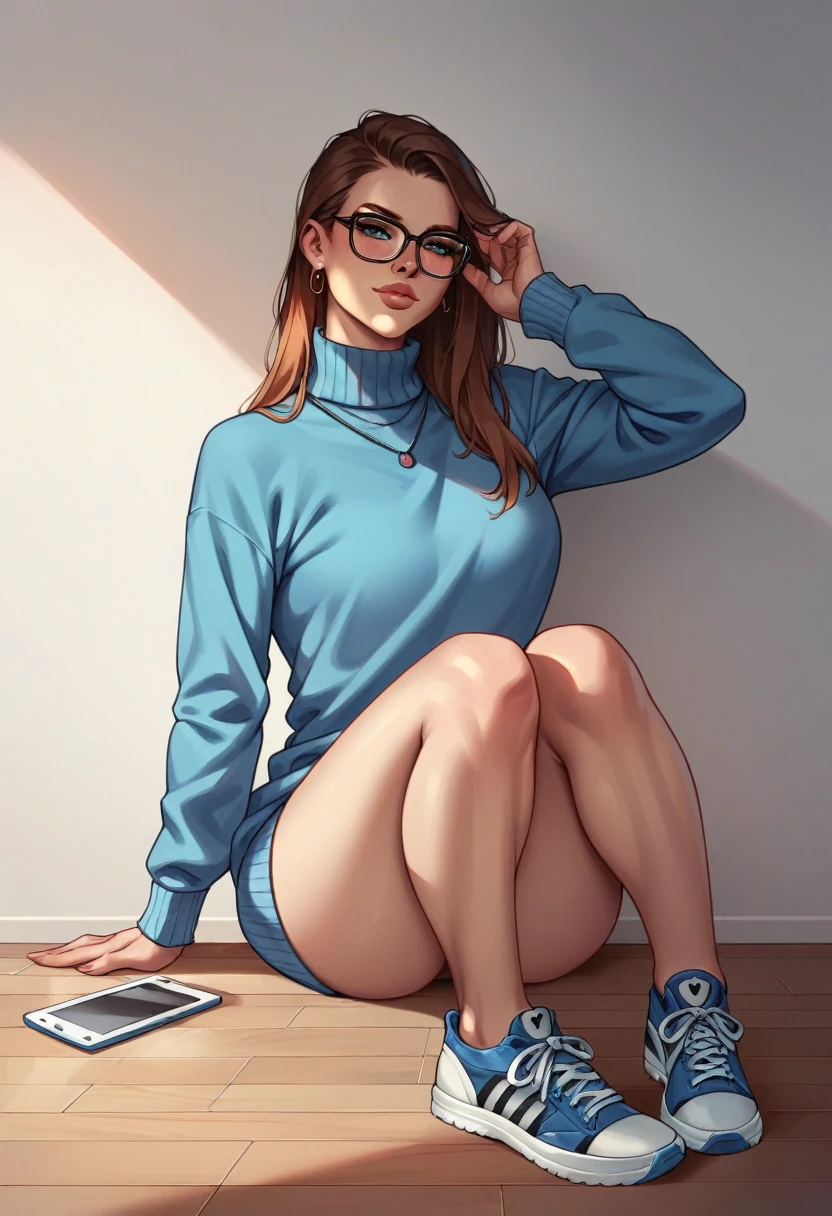 l1z0l, face,photoshoot, sitting, blue sweater 