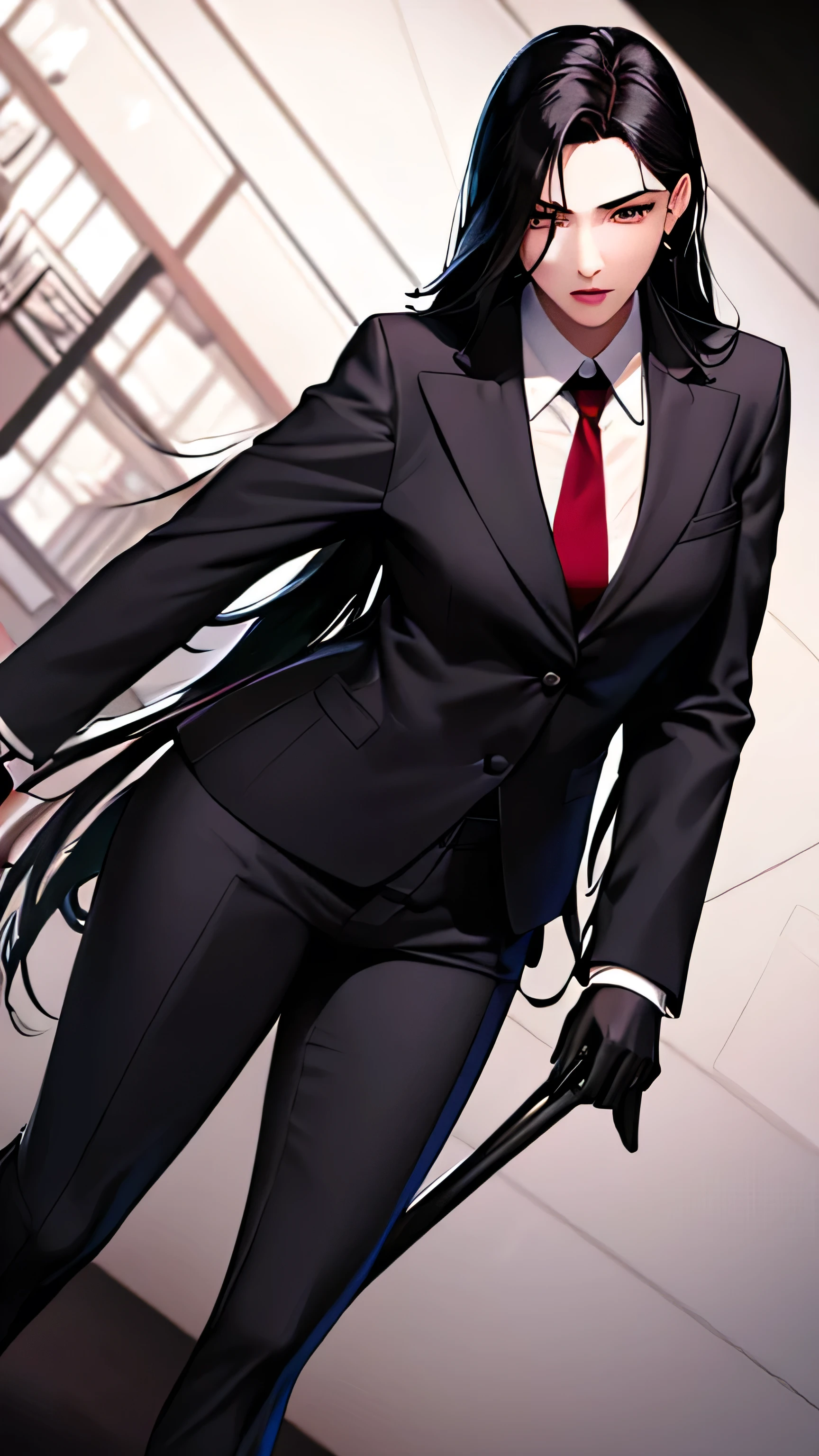 1 girl, 23 years old, long black hair, handsome face, business suit, red tie,long black pants, black leather gloves, boxing stance, punching,high quality, masterpiece