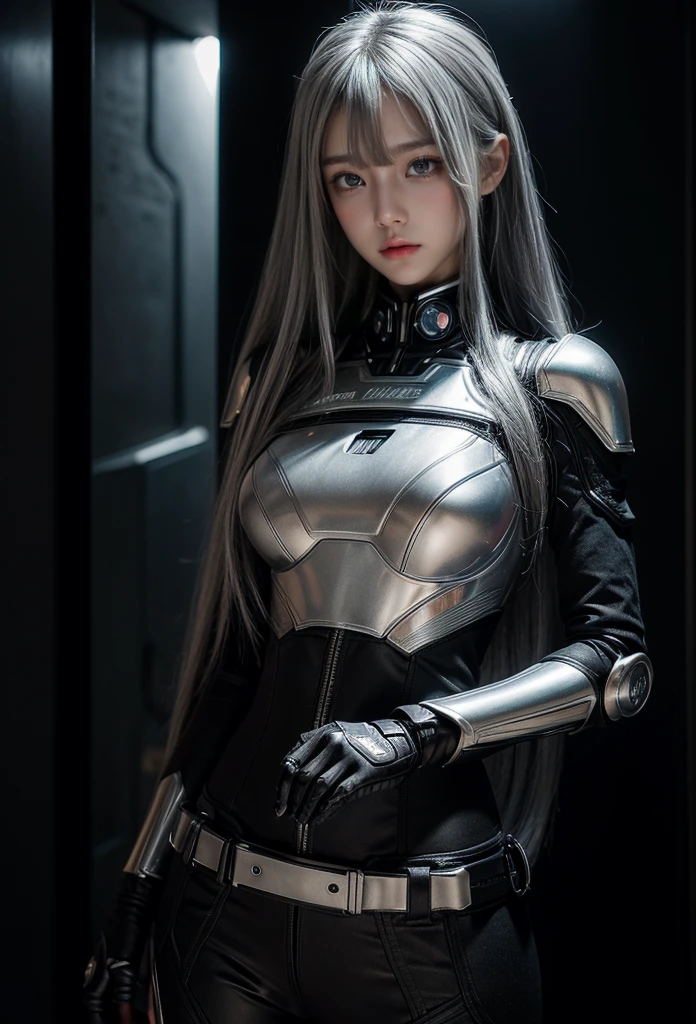 cyber angel,machine wing,{{Sci-Fi Armor}},cyber suit,cyberpunk,science fiction,cyber battle armor,Battledress,Military Uniforms,pants,black military uniform,whole body,Height: 168cm,almond shape eyes,{{{{{silver eyes}}}}},{{{{{dull bangs}}}}},(slanted eyes},{{whole body},{{{1 girl}}}, long hair, straight hair,{{{{silver hair}}}},{{{tsurime}}},30 years old,{Medium chest},{{bush}},silver eyes,{{{masterpiece}}}, {{{highest quality}}}, {{Super detailed}}, {shape}, {{very delicate and beautiful}},very detailed,detailed perfect,detailed hyper,Abundant thighs,big ass,black clothes