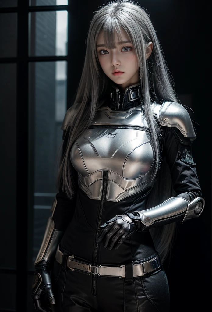 cyber angel,machine wing,{{Sci-Fi Armor}},cyber suit,cyberpunk,science fiction,cyber battle armor,Battledress,Military Uniforms,pants,black military uniform,whole body,Height: 168cm,almond shape eyes,{{{{{silver eyes}}}}},{{{{{dull bangs}}}}},(slanted eyes},{{whole body},{{{1 girl}}}, long hair, straight hair,{{{{silver hair}}}},{{{tsurime}}},30 years old,{Medium chest},{{bush}},silver eyes,{{{masterpiece}}}, {{{highest quality}}}, {{Super detailed}}, {shape}, {{very delicate and beautiful}},very detailed,detailed perfect,detailed hyper,Abundant thighs,big ass,black clothes