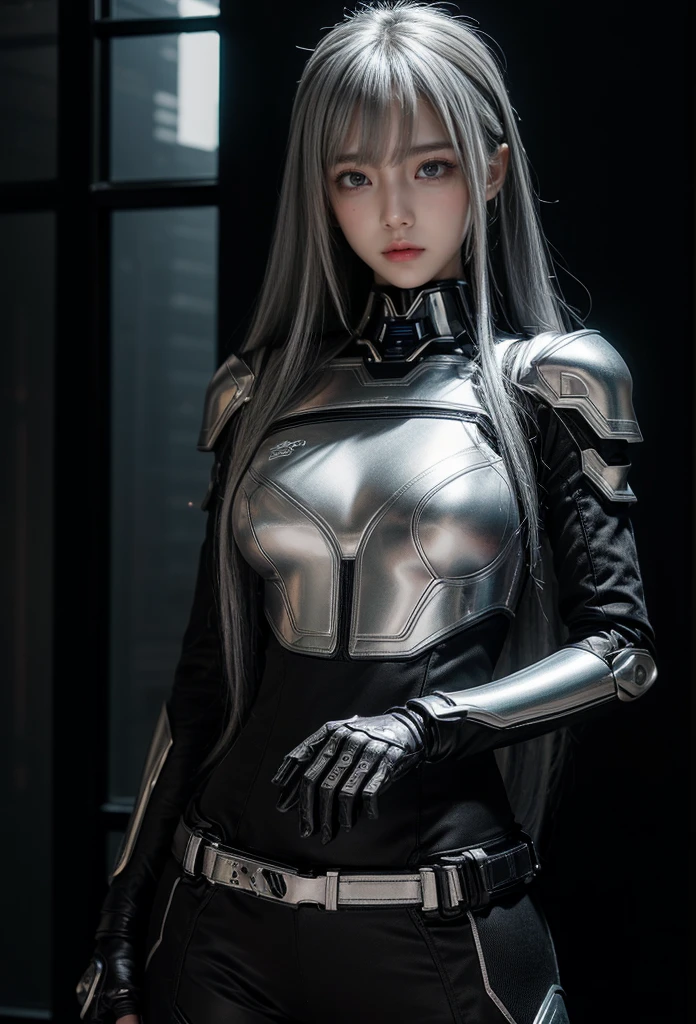 cyber angel,machine wing,{{Sci-Fi Armor}},cyber suit,cyberpunk,science fiction,cyber battle armor,Battledress,Military Uniforms,pants,black military uniform,whole body,Height: 168cm,almond shape eyes,{{{{{silver eyes}}}}},{{{{{dull bangs}}}}},(slanted eyes},{{whole body},{{{1 girl}}}, long hair, straight hair,{{{{silver hair}}}},{{{tsurime}}},30 years old,{Medium chest},{{bush}},silver eyes,{{{masterpiece}}}, {{{highest quality}}}, {{Super detailed}}, {shape}, {{very delicate and beautiful}},very detailed,detailed perfect,detailed hyper,Abundant thighs,big ass,black clothes