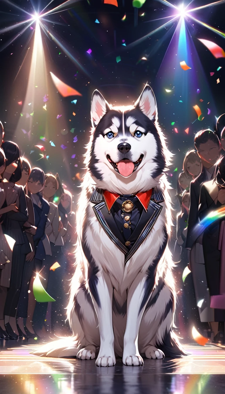 Highest quality, Highest quality, 16K, Unbelievably absurd, Very detailed, delicate and dynamic, Detailed Description, , Particles reflect light, Diffuse reflection of light, Vortex of Light, A lot of rainbow confetti falls, Spotlight, Catwalk, night, fashion show, illumination, Create amazing image effects, Close-up, (A Siberian Husky dog, Dog fashion model,, , Luxury dog suit, Chic suit,)
