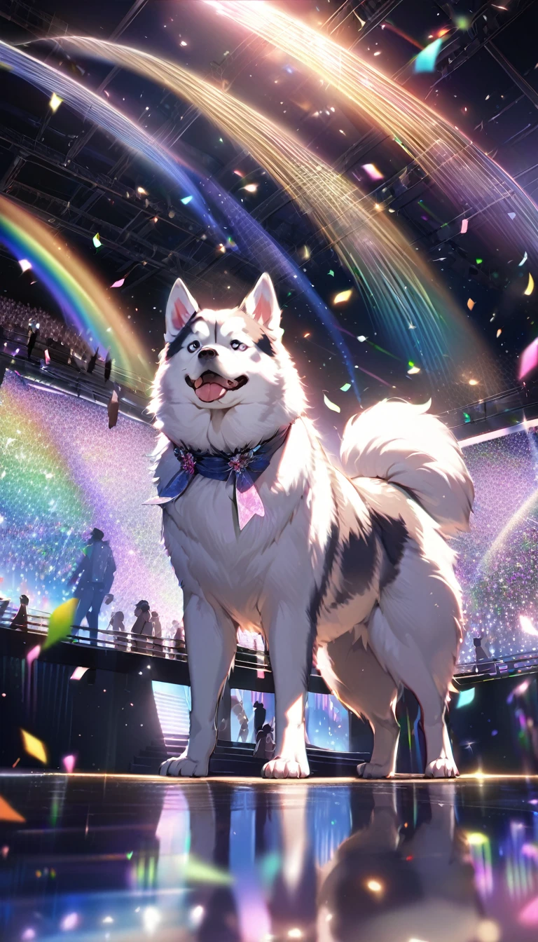 Highest quality, Highest quality, 16K, Unbelievably absurd, Very detailed, delicate and dynamic, Detailed Description, , Particles reflect light, Diffuse reflection of light, Vortex of Light, A lot of rainbow confetti falls, Spotlight, Catwalk, night, fashion show, illumination, Create amazing image effects, Close-up, (a Shiba Inu, Dog fashion model,, , Gorgeous dog dress, unique design dress,)