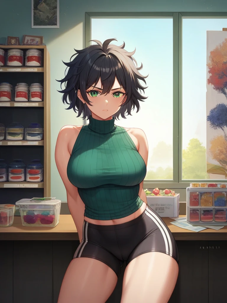 Adult, Female, Mature, short black hair, messy hair, emerald eyes, plump thighs, medium breasts, toned body black turtleneck, bike shorts, neutral expression, intimidating, art supply store, art studio, paintings, art, Masterpiece, Accurate, Anatomically Correct, Best Quality, High Details, Detail, Super Detailed, Best detail, Perfect detail, Amazing detail, [-3, 3], perfect eyes, perfect irises, best eyes, best irises, turned around, looking over shoulder, Close-Up, headshot