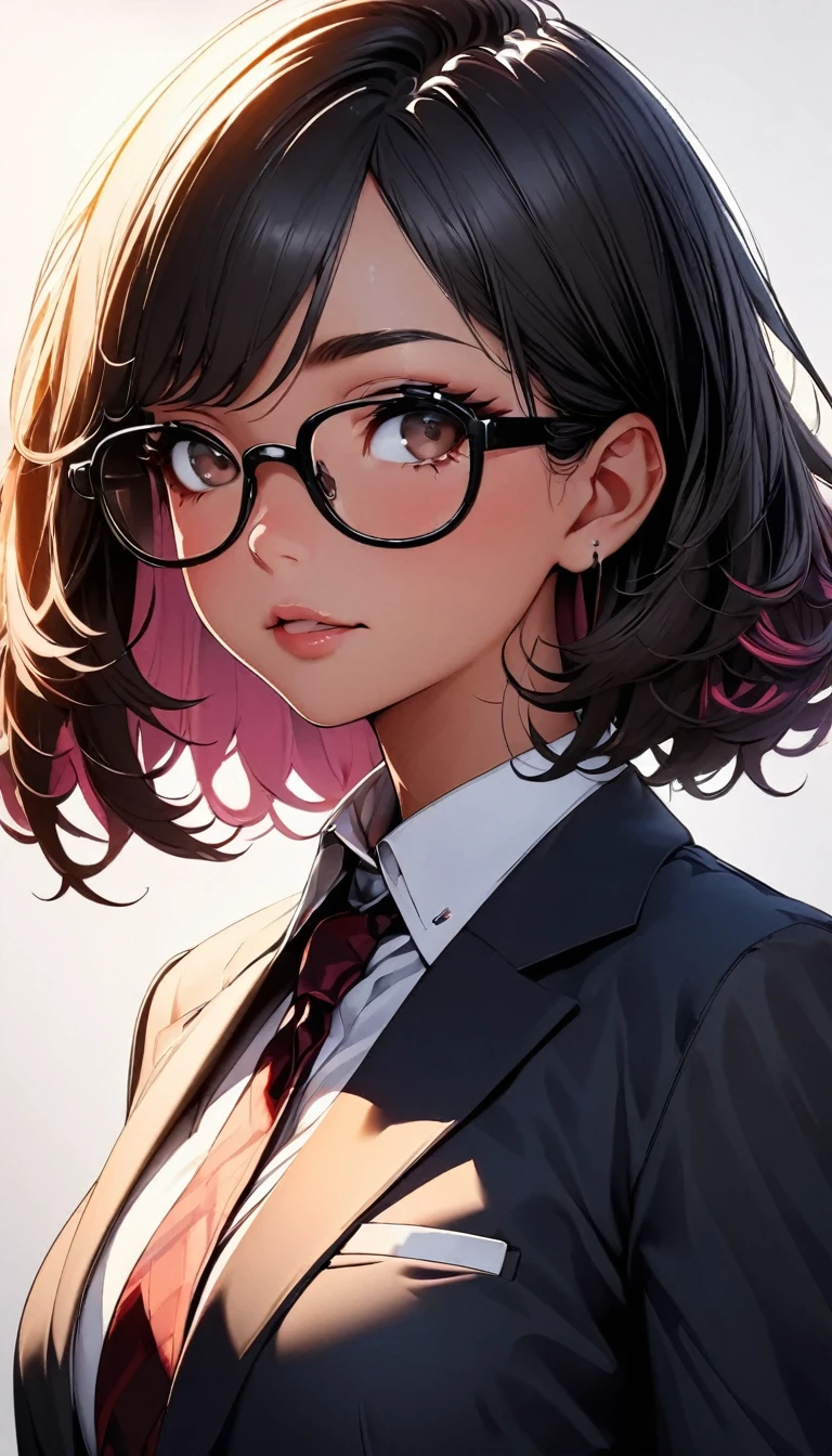 (highest quality:1.2, Very detailed, up to date, Vibrant, Ultra-high resolution, High Contrast, masterpiece:1.2, highest quality, Best aesthetics), Portraiture、girl、solo, ((25-years-old:1)), Bright colors、Beautiful fine details、Beautiful lip detail, short hair、black hair, ((Long bangs:1)), (messy hair:0.6), brown eyes, (thick black frame glasses:1.3), suit, ((slim body:0.6)), (big breast:0.7), (dark skin:0.5), (white background:1.5), ((no background)), (cowboy shot:1.8),facing viewer