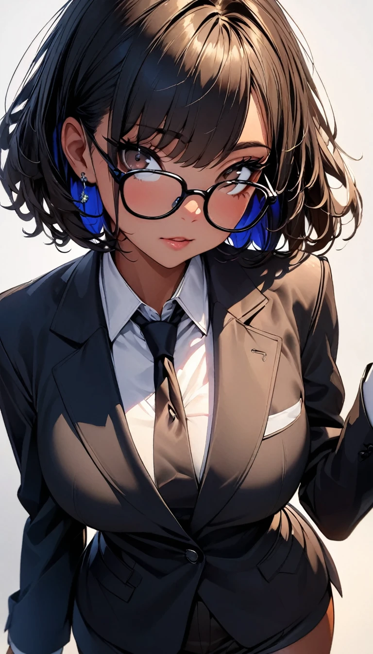 (highest quality:1.2, Very detailed, up to date, Vibrant, Ultra-high resolution, High Contrast, masterpiece:1.2, highest quality, Best aesthetics), Portraiture、girl、solo, ((25-years-old:1)), Bright colors、Beautiful fine details、Beautiful lip detail, short hair、black hair, ((Long bangs:1)), (messy hair:0.6), brown eyes, (thick black frame glasses:1.3), suit, ((slim body:0.6)), (big breast:0.7), (dark skin:0.5), (white background:1.5), ((no background)), (cowboy shot:1.8),facing viewer