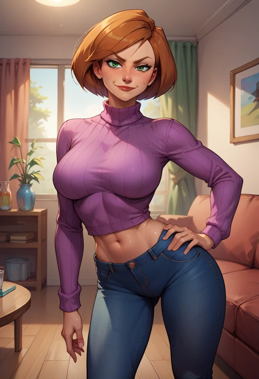 ((Masterpiece)), ((Best Quality)), Ultra High Resolution, HDR, absurderes, 8K, (1 girl), intricate details, ultra-detailed, dramatic lighting, blushing, smile, green eyes, short orange hair, bob hair, (dressed in a sweater and pink panties), in a bed, gorgeous girl, large breasts, gorgeous body, glossy skin, vivid colors, full body view, detailed illustration, detail background, shy, feminine, professional artwork, fit thighs