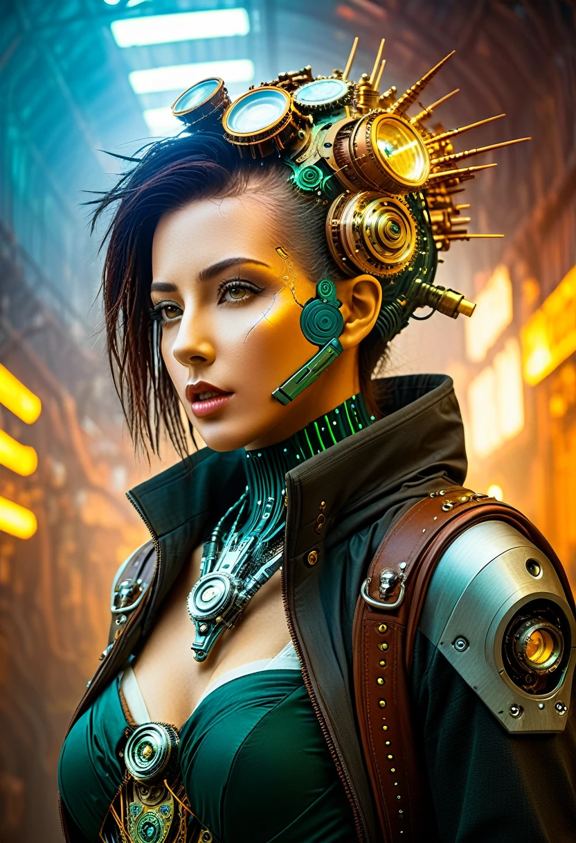 (((Cybernetic woman))) adorned with steampunk elements, blending seamlessly into a cyberpunk environment, (mysterious) and (dystopian) ambiance, (masterpiece) of digital art