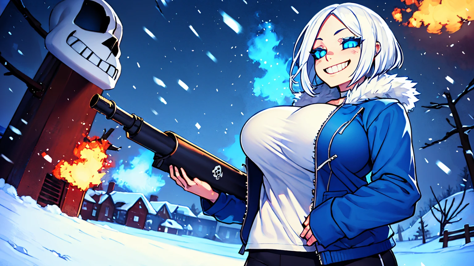 Sans blue jacket black shirt fire eyes skull smile long eyelashes white short hair glowing face blue keel cannon one standing in the snow town Femininefull Super huge big breasts breast enlargement full-body shot