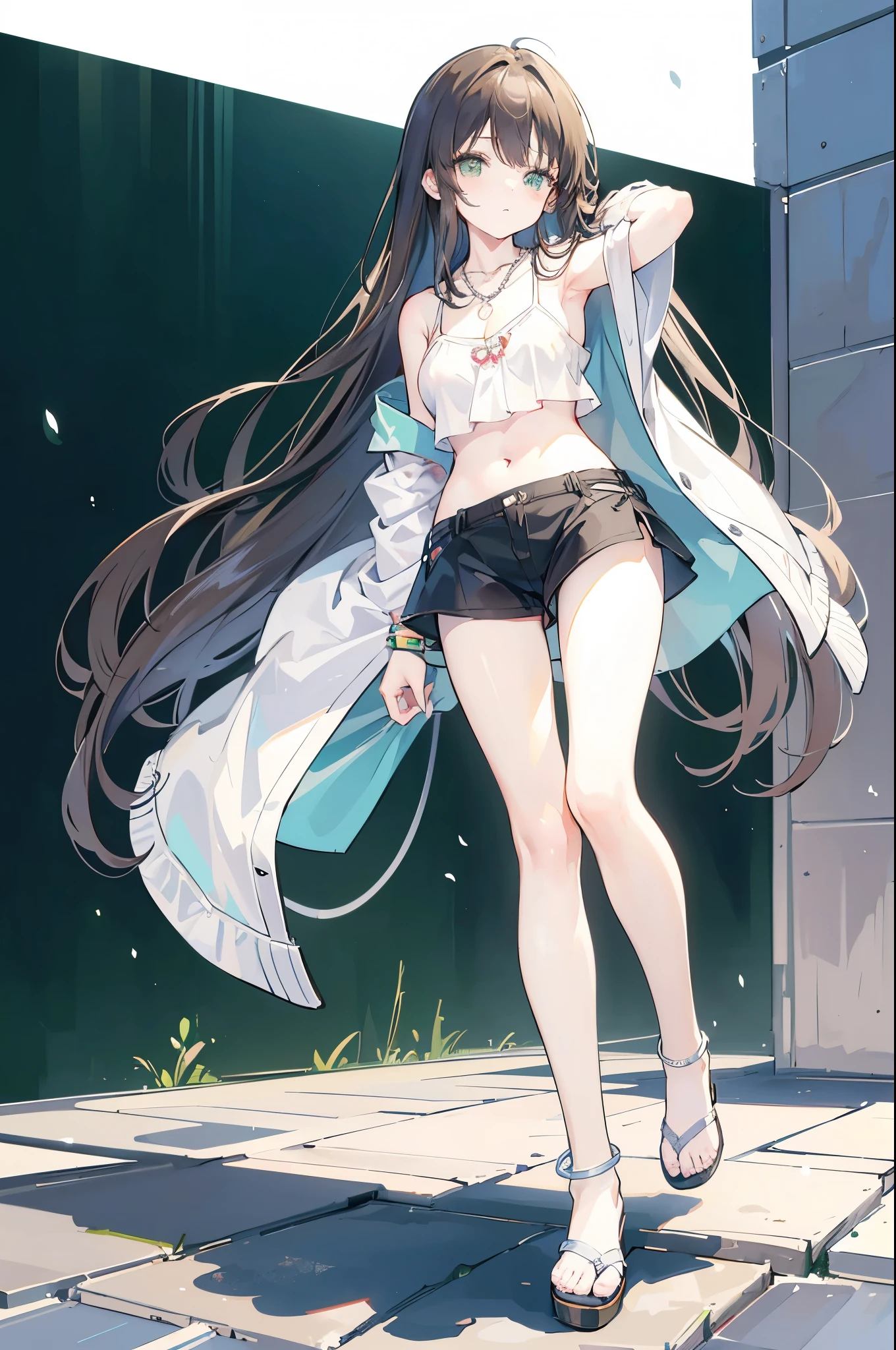{{masterpiece}}, The best quality of life, 、Dark brown long hair down to the waist、Anime Girls with brown long hair, Cute female anime visuals,Anime full body illustration, Anime Moe Art Style, Anime characters, (Anime Girls)、(Green Eyes)、Expressionless adult woman、Small Necklace、((White background))、Black Bikini、Grey shorts、Green anklet、A woman standing in white sandals、Large Breasts,Woman standing facing the front