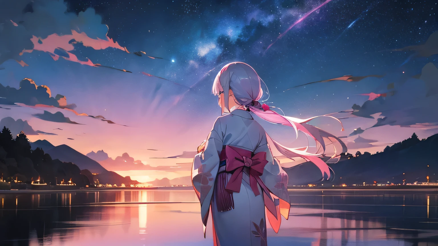 summer night, kimono, pink silver hair, japanese girl, back view, milkey way, stars