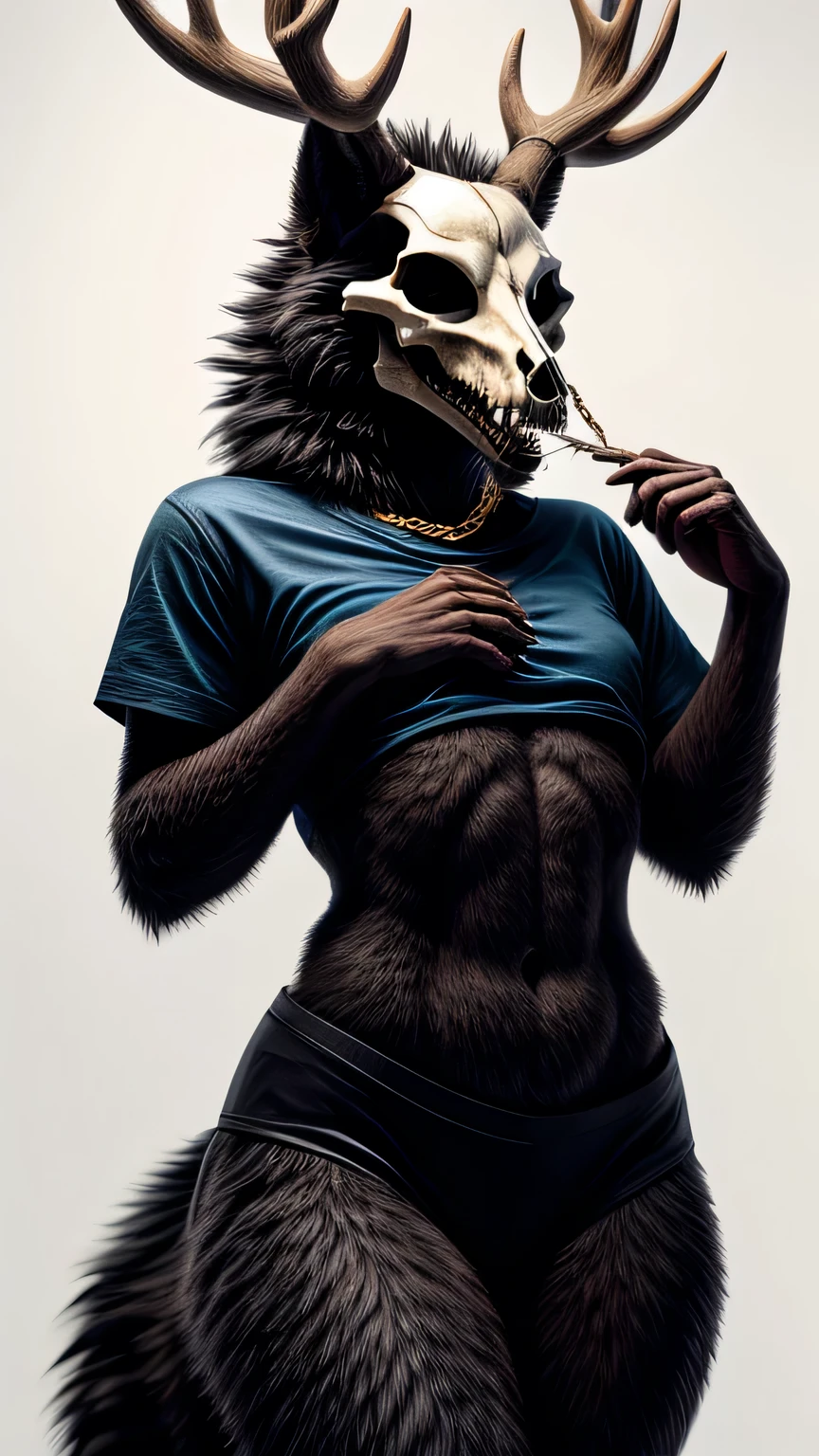 Solo, Cinematic, photorealistic, a black wolf, female, furry, thick thighs, flat chested, fluffy body, with antlers, wearing a t-shirt with gold chains, bone tail, skull-faced, exposed ribs, dark body, smilling, standing, White background, extremely detailed, beautiful and detailed dilated eyes, black eyes, open mouth with spilled saliva, full body, with a pentagram in his abdomen, (no pupils:1.15