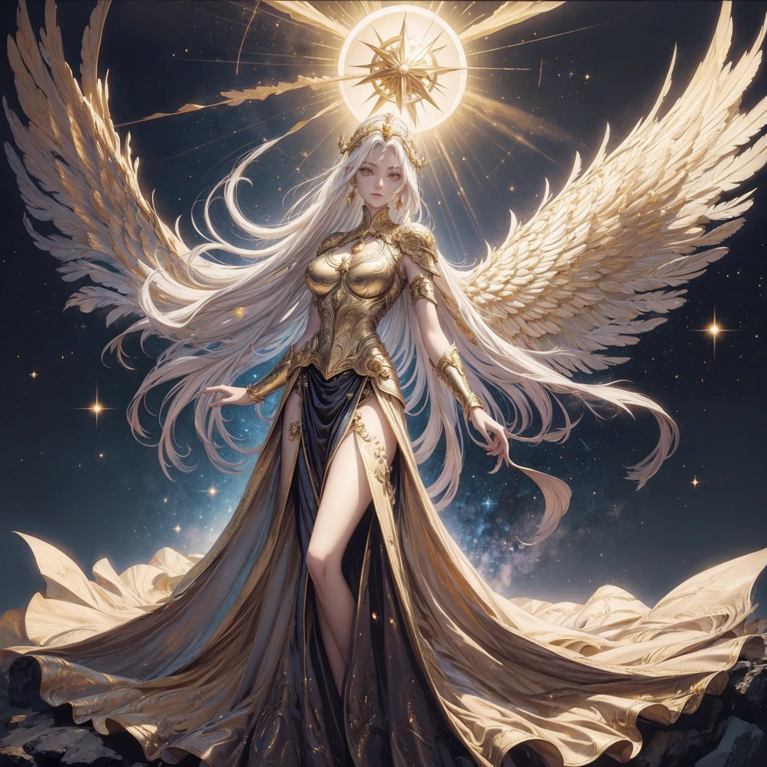 Art of Woman Wearing Sun Crown, Wearing a gorgeous golden metal bra and breastplate that reveals a little skin above the chest, Wearing a gorgeous golden dress with cosmic stars inside, A pair of giant angel wings taller than the body spread out behind the woman., ancient goddess art, Sacredness. Very detailed, Mysterious inspiration, Inspiration from the Sun God, Religious inspiration, A divine background, Cold and snobbish face, Dangerous expressions, White hair, Standing pose floating in the air, One hand reaches out to the sky while the other hand holds a brilliant orb as bright as the sun., Full body portrait, Gothic art style, Weird art style, Occult art, Halo of angels, contempt eyes, Divine light, Wide-angle lens, Upward Shot