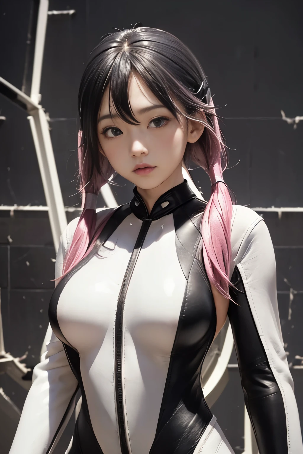 ((Upper body photo))、Cute face、Pink Hair、Long Hair、Twin tails、White skin、High nose, ((Shooting from the front:1.5 ))、((Tight black leather suit:1.5)), ((Big Breasts)), Pointed nipples, masterpiece
