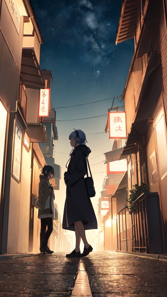 Create an anime-style image of a late-night city scene. The streets are quiet and the city lights are softly blurred, giving a melancholic feel. A person is walking alone with headphones, reminiscing about a past love. Their expression is wistful and nostalgic. In the background, faint, translucent images of a loved one’s voice and warm moments appear, symbolizing memories. The overall atmosphere should be serene yet filled with a sense of longing and sadness.