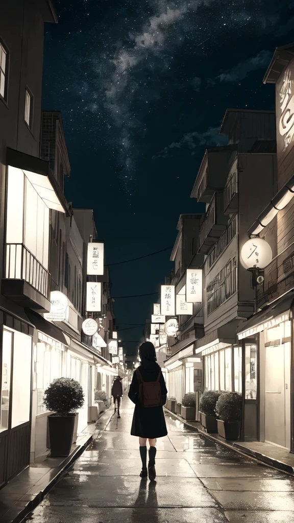 Create an anime-style image of a late-night city scene. The streets are quiet and the city lights are softly blurred, giving a melancholic feel. A person is walking alone with headphones, reminiscing about a past love. Their expression is wistful and nostalgic. In the background, faint, translucent images of a loved one’s voice and warm moments appear, symbolizing memories. The overall atmosphere should be serene yet filled with a sense of longing and sadness.