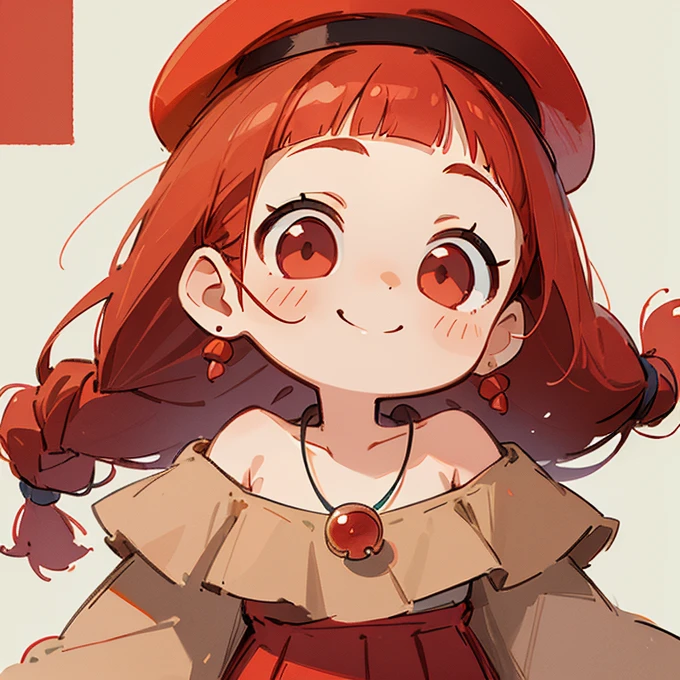 (masterpiece, Highest quality:1.2), (2 head body chibi character:1.1), One Girl, Red Hair, Braided Hair, Top of the head, Red eyes, Hanging eyes, Chili pepper hair ornament, Red beret, Beige off-shoulder blouse, Red pleated skirt, Short bangs, Round necklace, Cute atmosphere, Grinning face, (Photo studio with blue background:1.0)