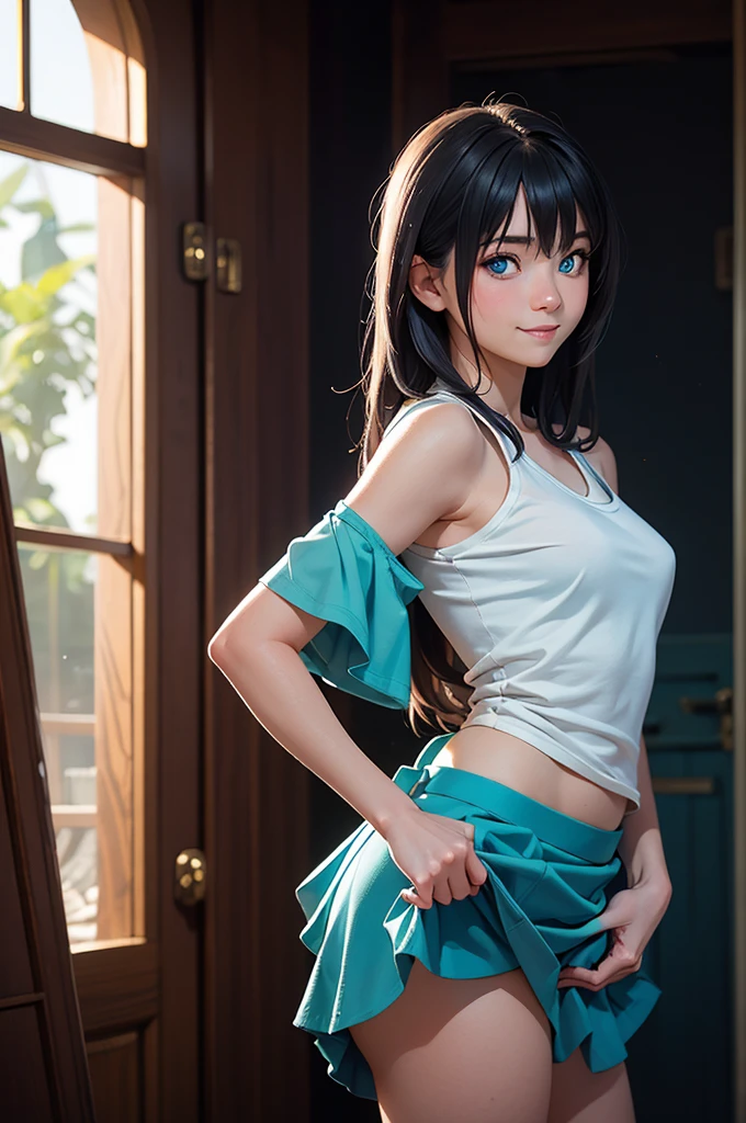 breathtaking, atmospheric perspective, diffusion, natural skin texture, DSLR, 80mm Sigma f2, depth of field, film grain, intricate natural lighting, gorgeous sexy woman, pleasure, (adult:0.7), (Aqua, Kono Suba style), blue eyes, light azure layered hair, full length photo, minuscule blue skirt hiding nothing, minuscule tight body top, perfect body, side-bottom view, detailed background, detailed face, (mysterious dark theme:1.1), smile, backlighting, magical atmosphere, looking to camera, hyperrealism, soft light, lucid colours, (sharp:1.2), (intricate details:1.1), hdr, bokeh