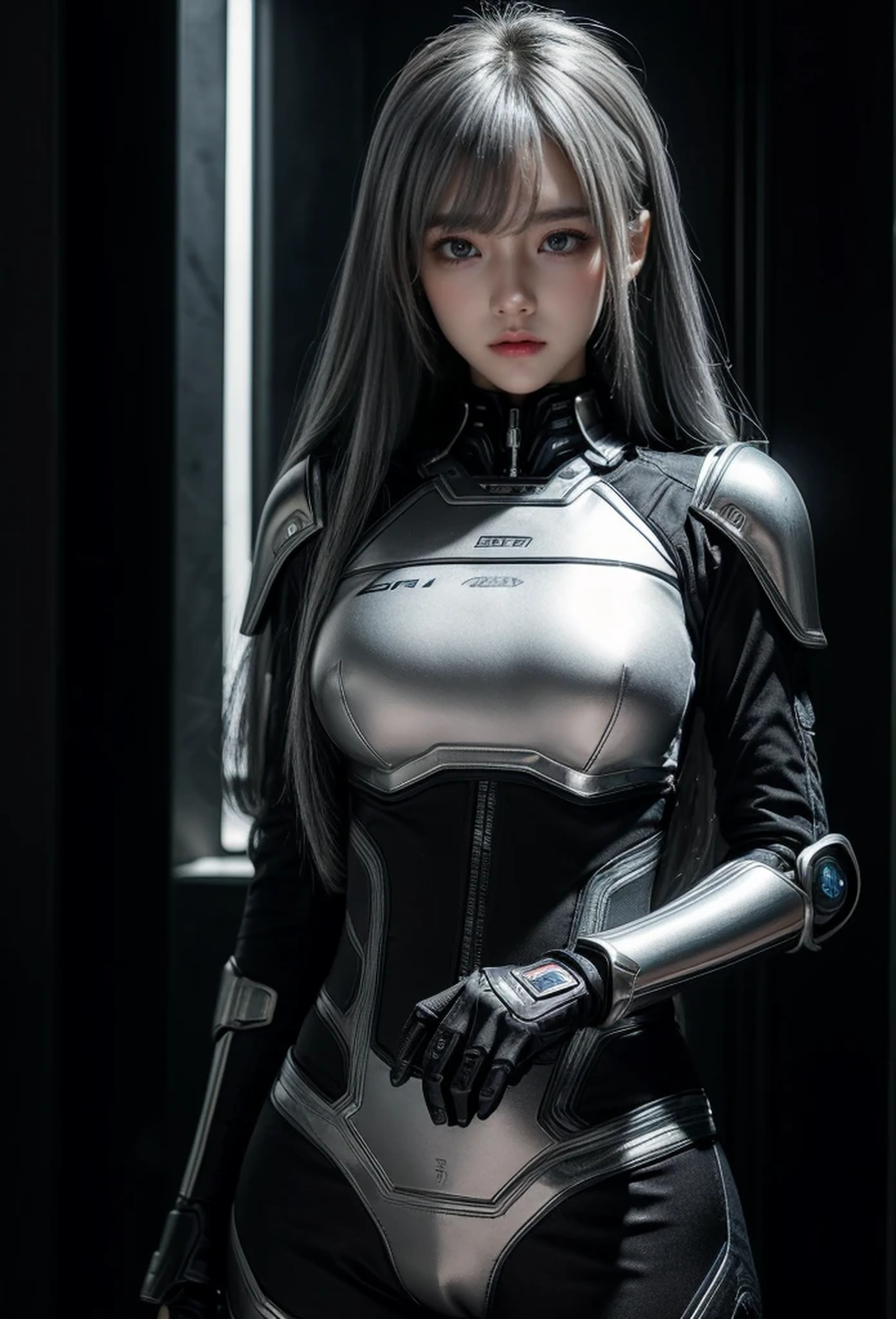 cyber angel,machine wing,{{Sci-Fi Armor}},cyber suit,cyberpunk,science fiction,cyber battle armor,Battledress,Military Uniforms,pants,black military uniform,whole body,Height: 168cm,almond shape eyes,{{{{{silver eyes}}}}},{{{{{dull bangs}}}}},(slanted eyes},{{whole body},{{{1 girl}}}, long hair, straight hair,{{{{silver hair}}}},{{{tsurime}}},30 years old,{Medium chest},{{bush}},silver eyes,{{{masterpiece}}}, {{{highest quality}}}, {{Super detailed}}, {shape}, {{very delicate and beautiful}},very detailed,detailed perfect,detailed hyper,Abundant thighs,big ass,black clothes