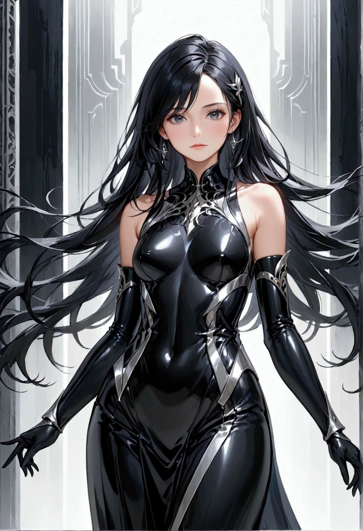 Mature Girl with long black hair with silver highlight, dark onyx eyes,tall rectangular body figure, designer clothes  