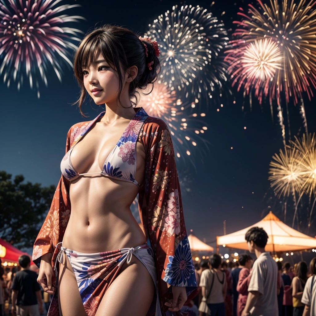 NSFW, sexy, a woman at a local summer festival dressed in a bikini while everyone else is wearing traditional yukata. She is confidently enjoying the festival, interacting with the stalls, and watching the fireworks in the sky. The scene is captured from a different angle, showing her having fun. The background features the festival stage, stalls, and beautiful fireworks. The scene is highly detailed, with increased resolution and quality, rich textures, and delicate drawing, in a realistic anime style in a square format. --sexy