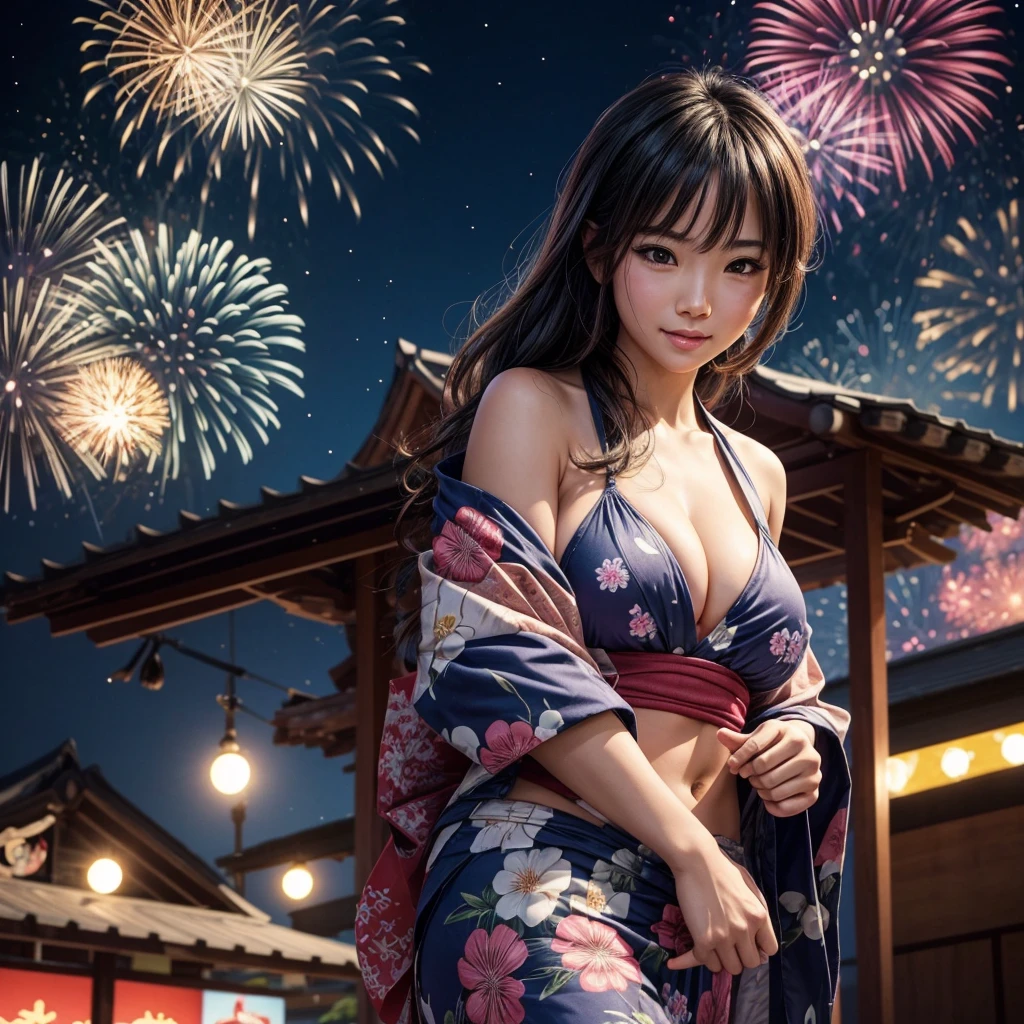 NSFW, sexy, a woman at a local summer festival dressed in a bikini while everyone else is wearing traditional yukata. She is confidently enjoying the festival, interacting with the stalls, and watching the fireworks in the sky. The scene is captured from a different angle, showing her having fun. The background features the festival stage, stalls, and beautiful fireworks. The scene is highly detailed, with increased resolution and quality, rich textures, and delicate drawing, in a realistic anime style in a square format. --sexy