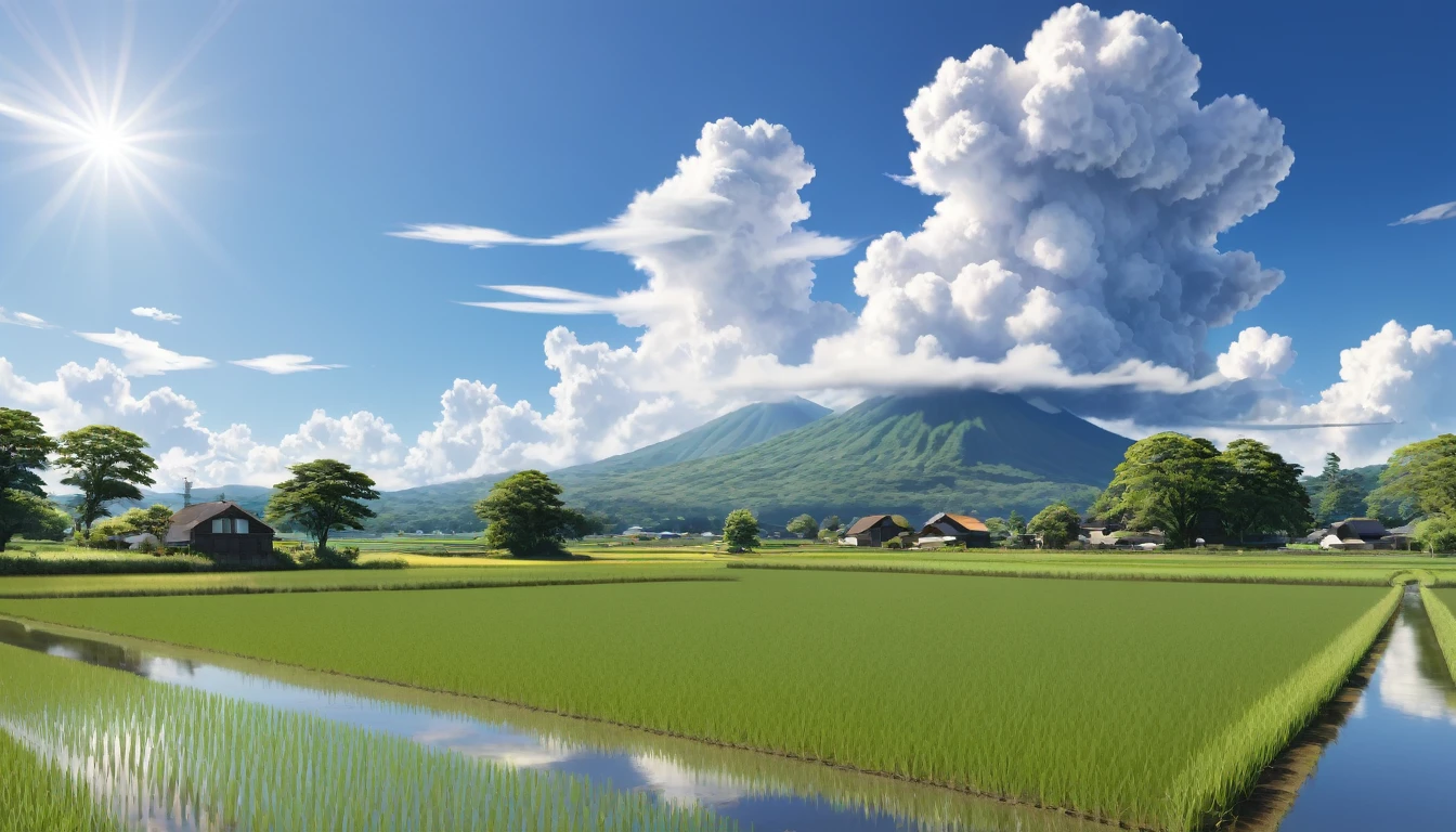 Japanese countryside,Paddy field,Midsummer,sunny,Daytime,cumulonimbus,Highest quality, 8k, High resolution, masterpiece:1.2, Very detailed, Realistic:1.37, High resolution, 超High resolution, Very detailed, Professional, Vibrant colors