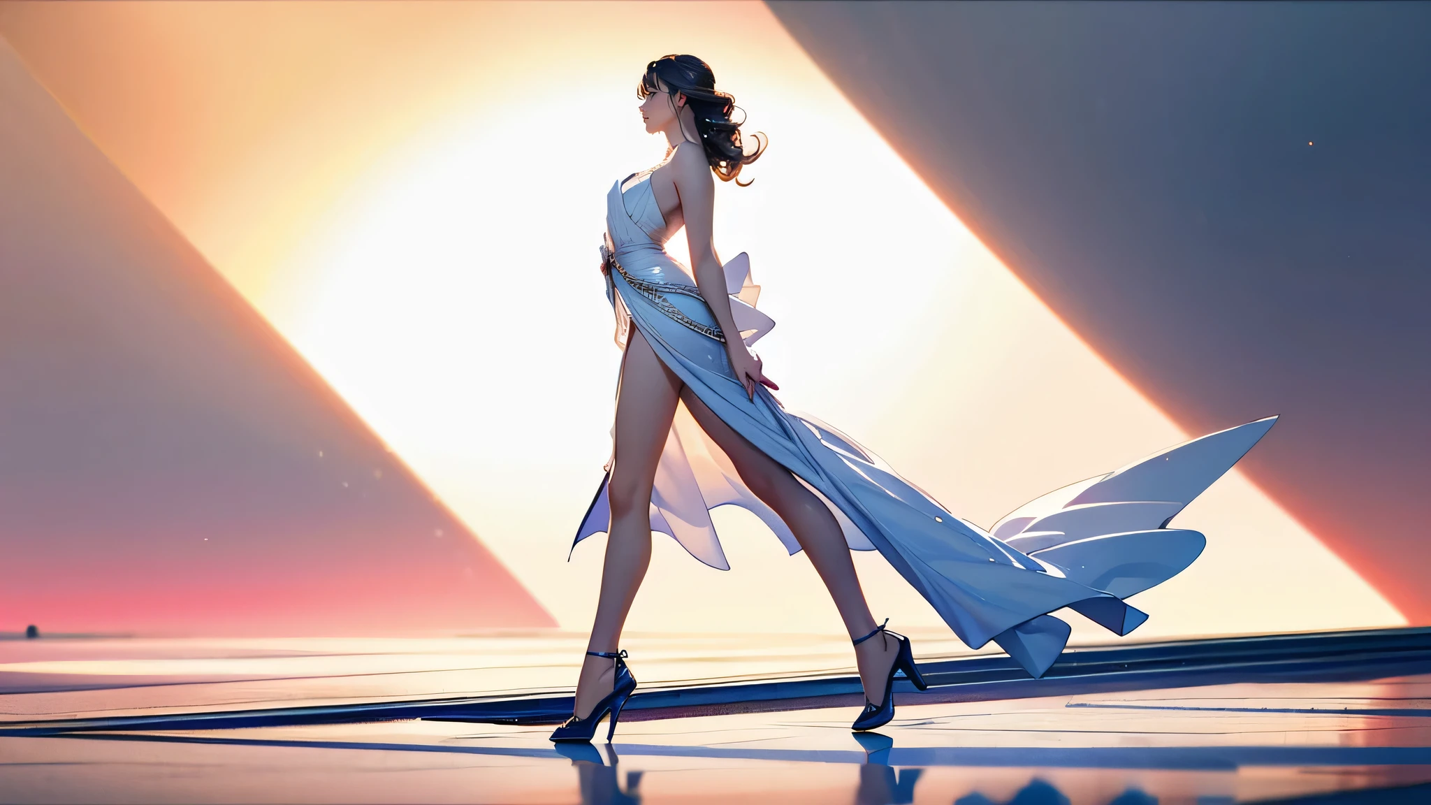 (Full Body Shot), from below:1.5, ((side view1.8)), (perfect anatomy), (Perfect ratio of fingers to thumb), (On the runway of a glamorous fashion show), (Countless studio lights,Spotlight,The lighting is beautiful.), ((A well-dressed supermodel striding along,Her beauty is national treasure level.:1.5)))), (((1. A female model with perfect proportions))),