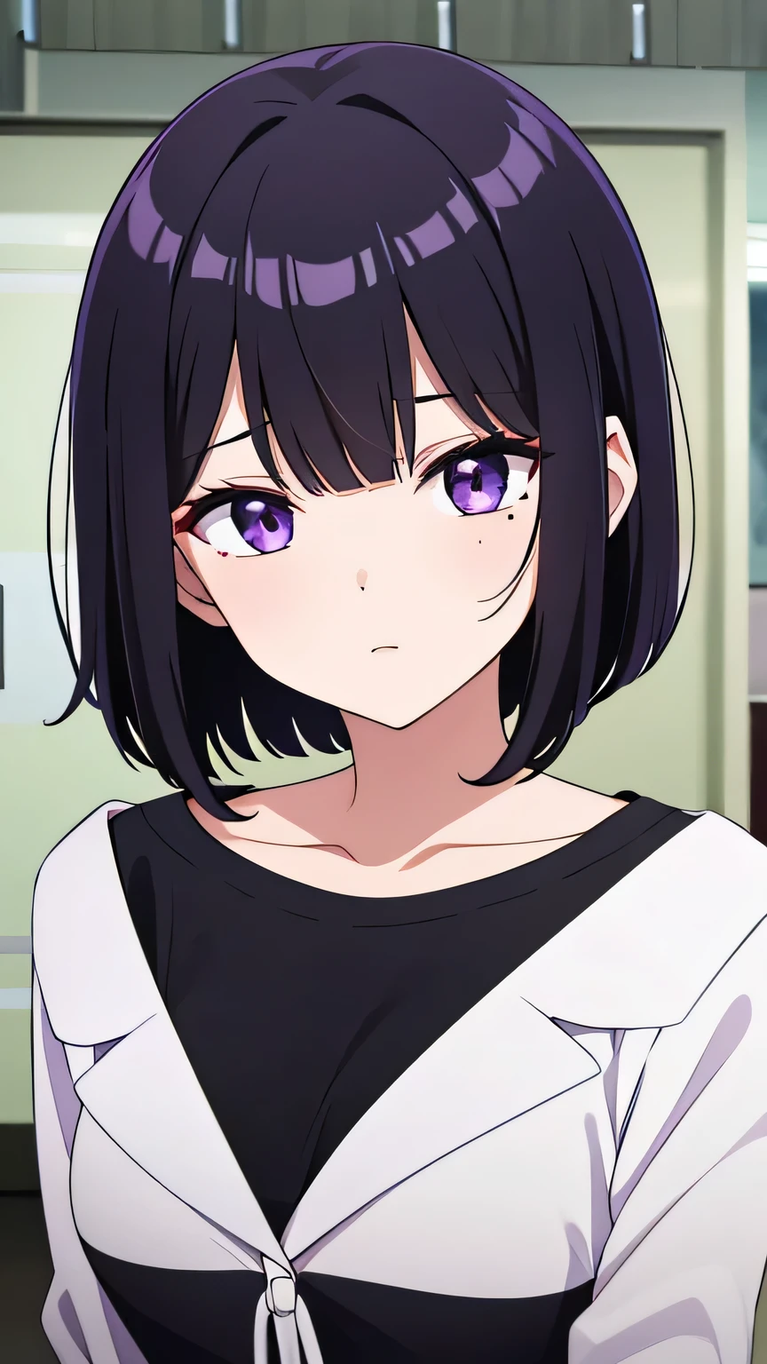 Black hair, short bob（With bangs）・Mole under left eye ・Eye color（purple）·whole body