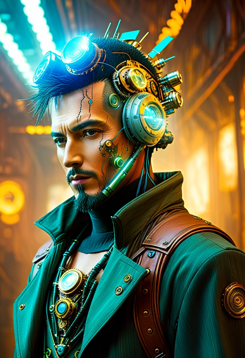 (((Cybernetic man))) adorned with steampunk elements, blending seamlessly into a cyberpunk environment, (mysterious) and (dystopian) ambiance, (masterpiece) of digital art