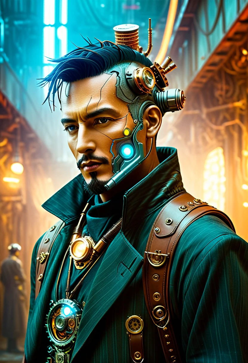 (((Cybernetic man))) adorned with steampunk elements, blending seamlessly into a cyberpunk environment, (mysterious) and (dystopian) ambiance, (masterpiece) of digital art