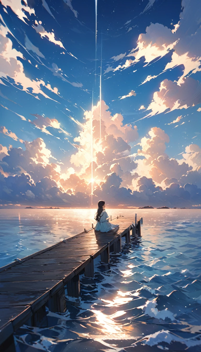 A girl is sitting on a pier with her back、Back view looking at the sea。There is a small island across the sea、Clouds are floating in the sky。The sunlight shines through the gaps in the clouds、Creating a fantastic scene。The sky is blue、The clouds are shining white、I can feel the wind blowing。wood々The leaves are slightly visible at the top.。 Paintings inspired by Makoto Shinkai, Beautiful anime scenery、Ultra-realistic, Anime movie background, Pixiv Topics、The sea water is clear、Seeing shades of green and blue、Flowing streaks of clouds can be seen in the sky、The sea is the main thing、