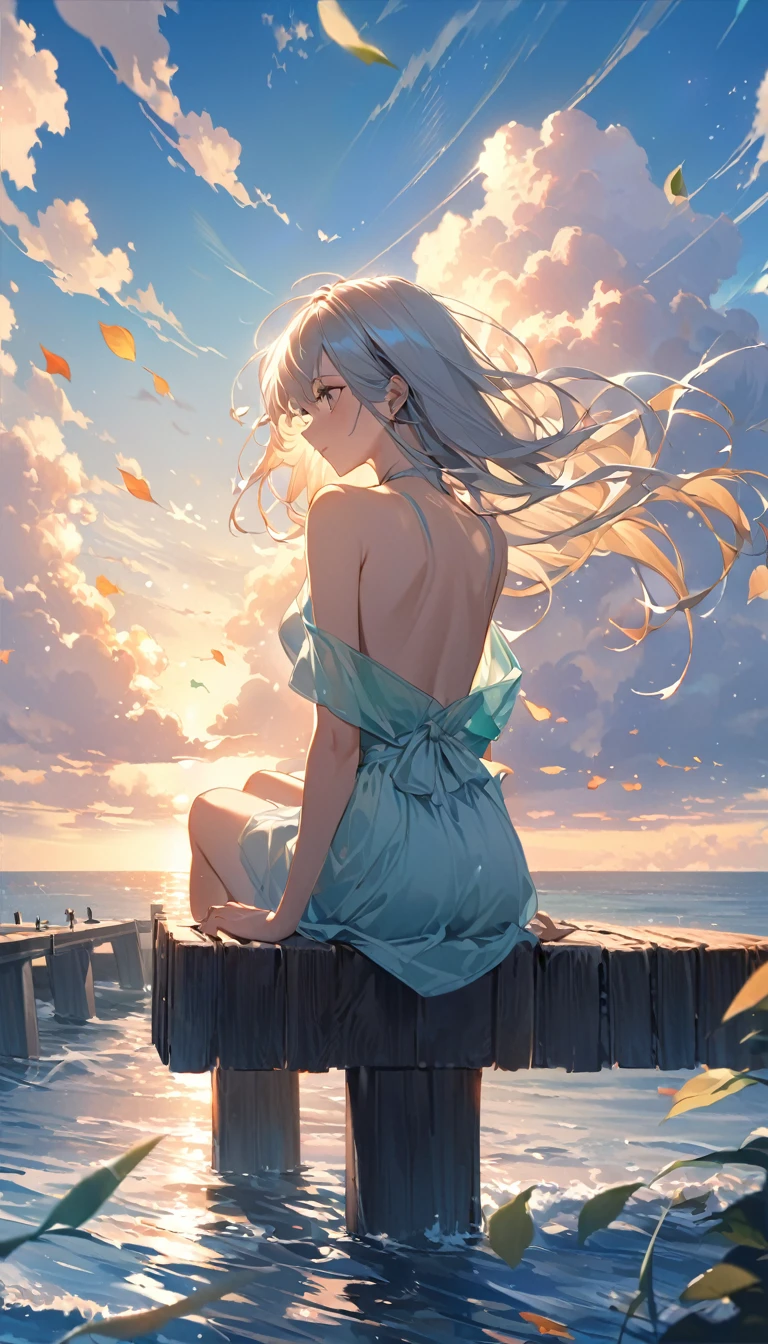 ((panty shot)),((lifting skirt)),((white panties focus)),(low angle,from below),((masterpiece, highest resolution,best quality)),  (beautiful illustration), ((semi long beautiful silver green hair,blunt bangs,pony tail,beautiful blue eyes)),(solo),(Japanese high ,sailor,mini skirt,elegant swimsuit, bikini,),(looking at the viewer), (bathing in the sea),(innocent cute laugh), (cinematic lighting),beach, sand, blue sky,waves, coconut tree,fish,boat,sea gull,
