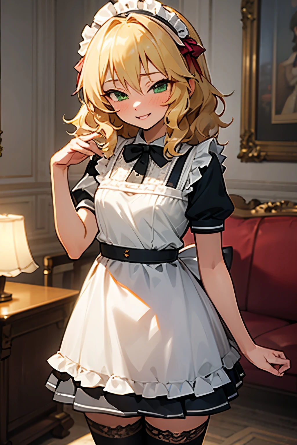 masterpiece,best quality, ultra-detailed,1girl(sakurai momoka, lovely small breasts, glow skin, wavy hair, long hair, blonde hair,green eyes),smile, glow lips, nose blush, blush, solo, maid(black), frill, apron, maid headdress,  black garterbelt,  white lace thighhighs,  in the mansion,  livingroom, standing, 